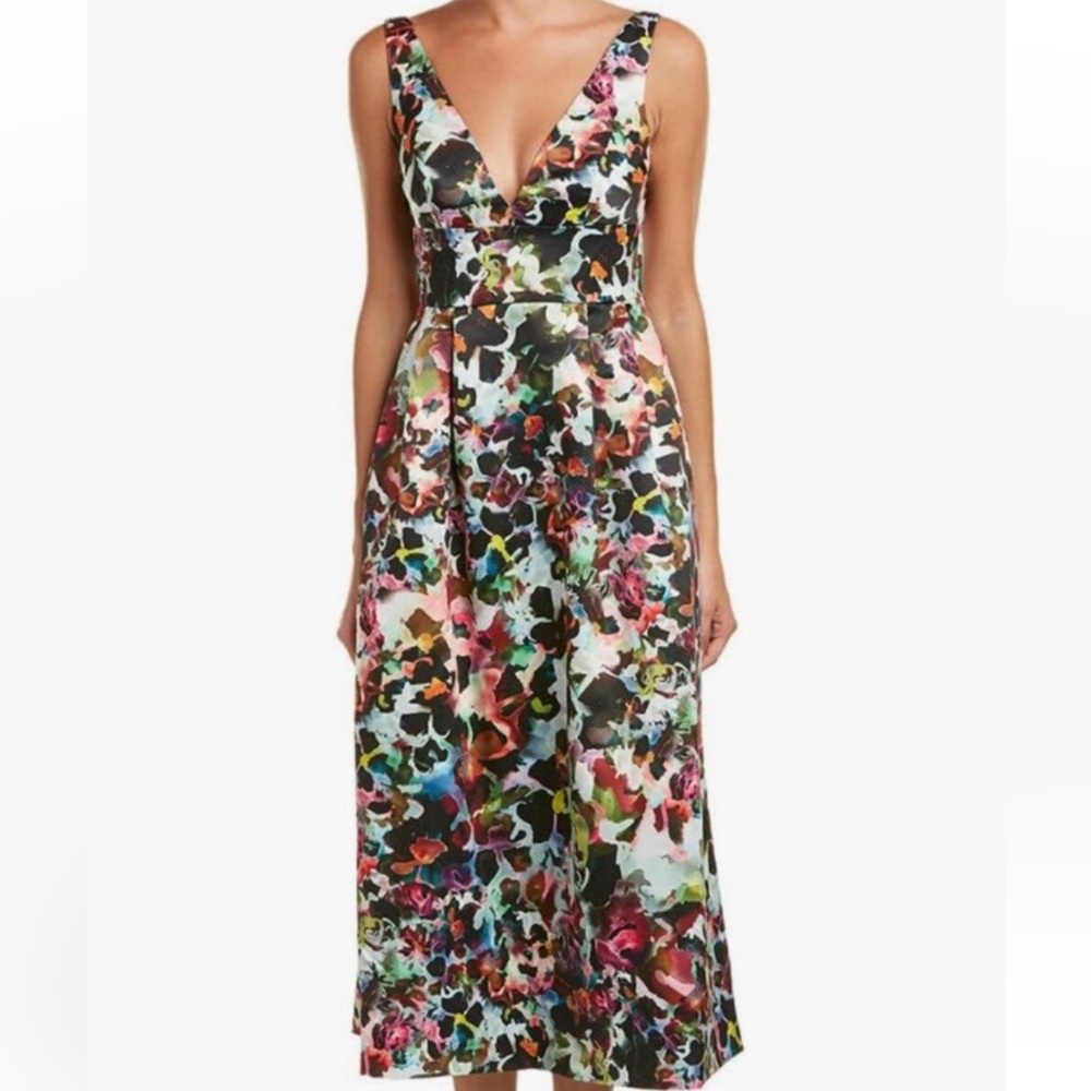 ML Monique Lhuillier V Neck Floral Midi Dress